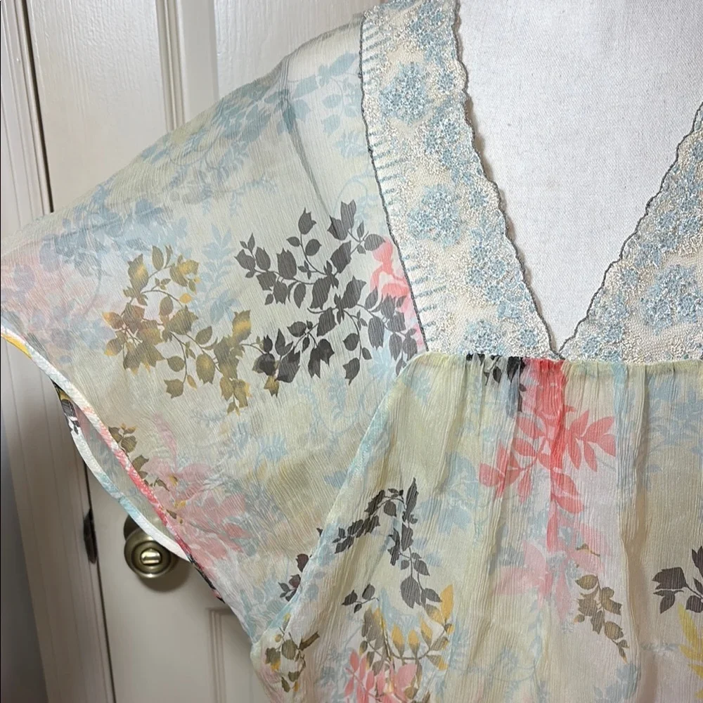 Paul & Joe Boho Silk Chiffon Floral Short Sleeve Blouse size L - Picture 4 of 11